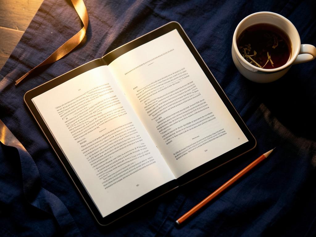 Livro digital aberto em um tablet ao lado de uma xícara de chá