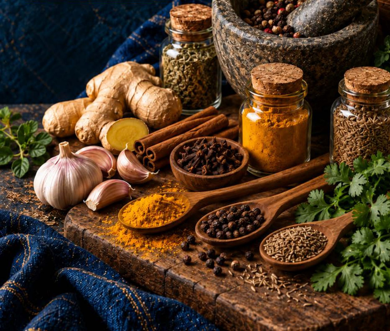 Capítulo Temperos e Especiarias Funcionais, com cúrcuma, gengibre, alho e ervas