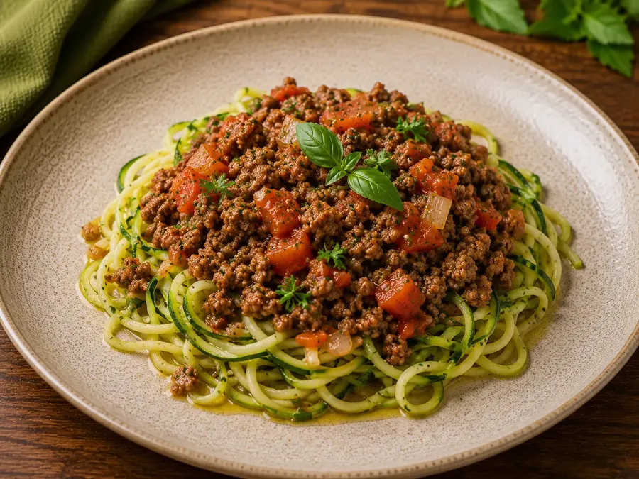 Espaguete de abobrinha com molho de carne moída e manjericão